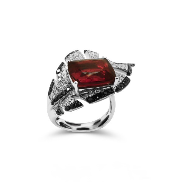 18K White Gold Ruby Ring with White and Black Diamonds